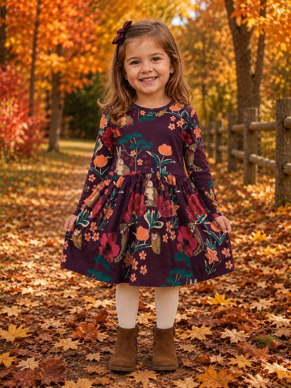 Tea Collection Girls' Long-Sleeve Floral and Animal Dress in Plum and Teal